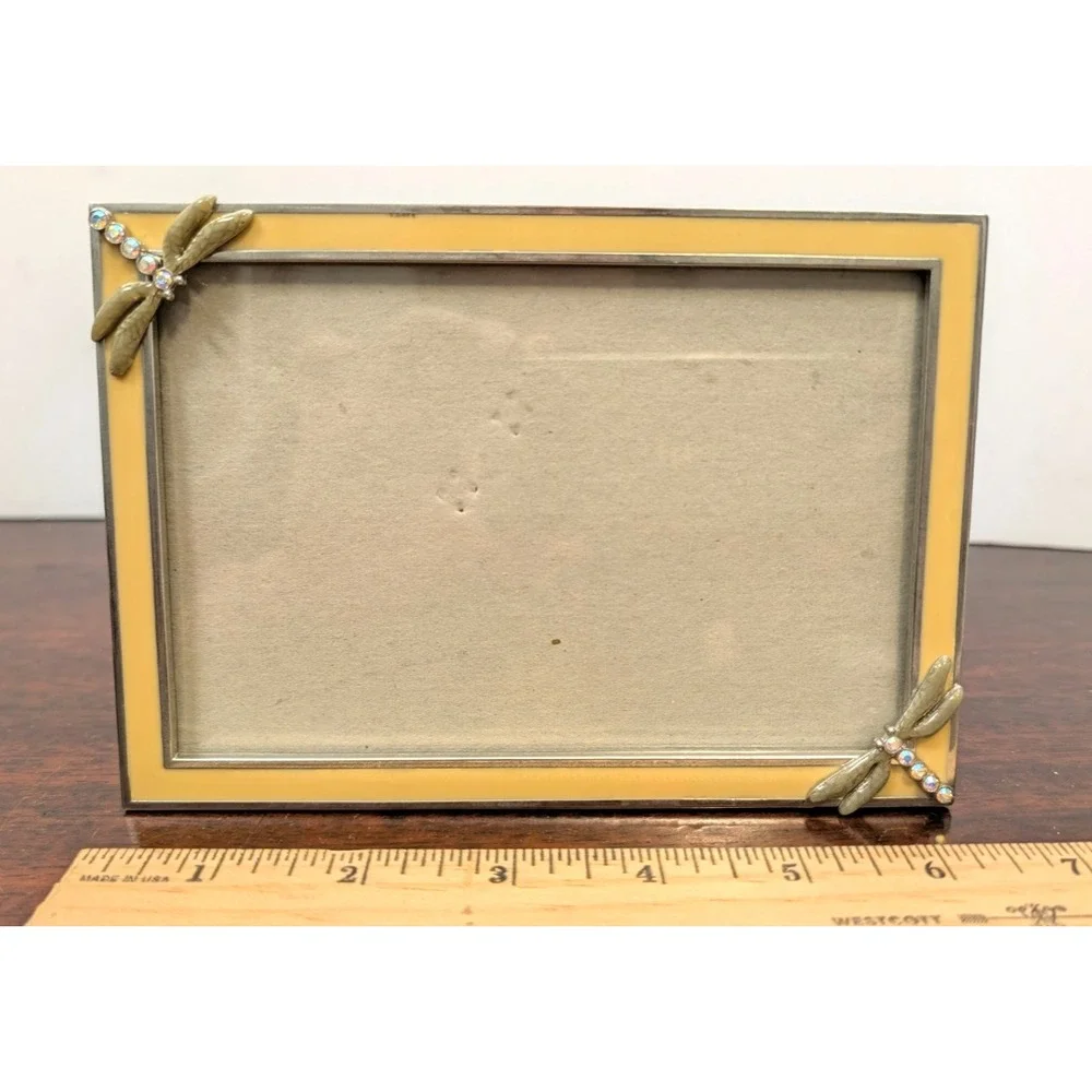 Elsa L 1999 Dragonfly Jeweled Enamel Picture Frame Yellow Silver Tone 4x6